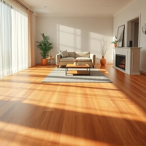 Custom hardwood flooring installation in a warm living room with natural light, minimalist decor, and rich wood grain.