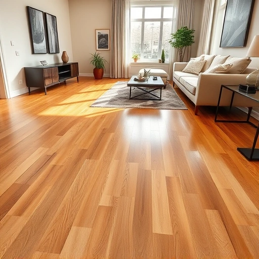 Hardwood flooring installation in a modern living room with oak wood, stylish furniture, and natural light.
