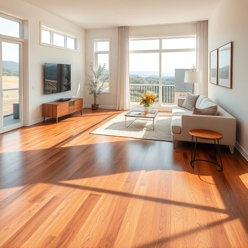 Hardwood flooring in a well-lit room with large windows, showcasing rich tones and expert craftsmanship.