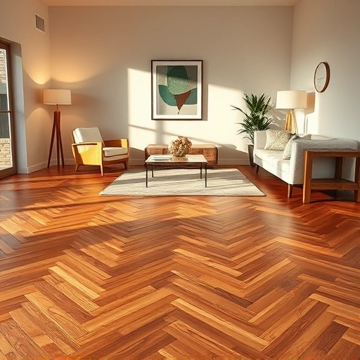 Custom hardwood flooring installation in Woodstock IL features warm-toned herringbone planks and elegant decor.