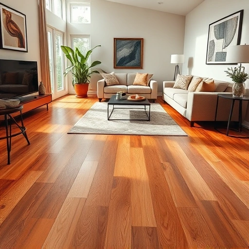 Hardwood flooring installation in a modern living room with warm tones, stylish decor, and natural light in Antioch IL.