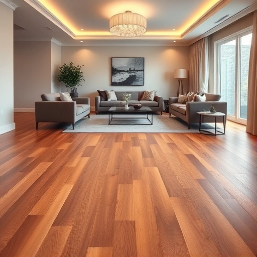 Stylish living room with rich hardwood flooring, modern furniture, and ambient lighting in Buffalo Grove, IL.