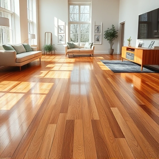 Glossy hardwood floor sealing in Algonquin IL with rich oak tones, soft walls, and elegant minimalistic furniture.