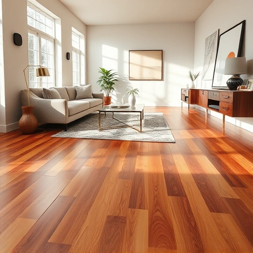 Hardwood flooring installation in a modern Elgin living room with rich colors, contemporary furniture, and natural light.