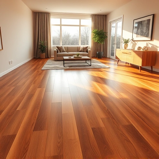 Spacious living room with rich hardwood flooring, modern windows, minimalistic furniture, and decorative elements.