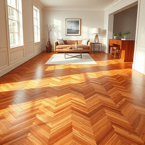 Hardwood flooring installation in Antioch, IL, featuring warm oak tones in herringbone pattern with elegant decor.
