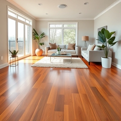 Modern living room in Hawthorn Woods with rich hardwood flooring, stylish furniture, and natural light ambiance.