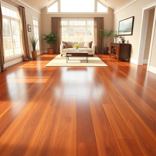 Custom hardwood flooring installation in a warm living room with polished floors, natural light, and elegant decor.