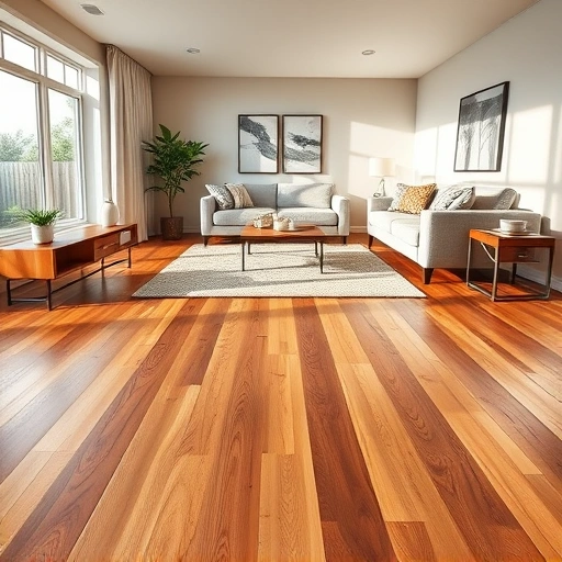 Hardwood flooring shines in a modern living room with stylish furniture and natural light enhancing its beauty.
