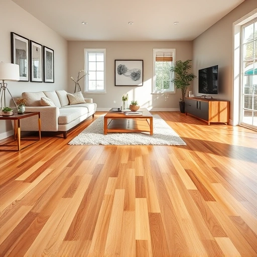 Hardwood flooring in a modern living room with contemporary furniture and natural light highlighting the space.
