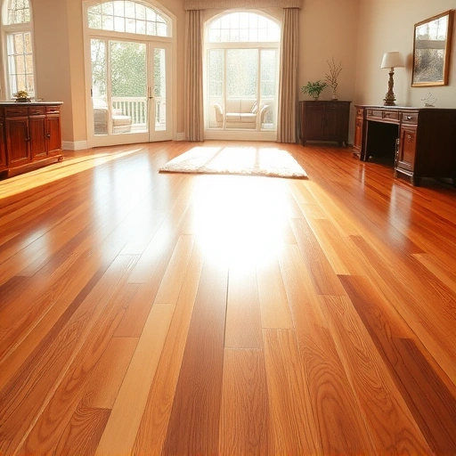 Spacious room with sunlight illuminating rich hardwood flooring and soft neutral walls, creating an elegant atmosphere.