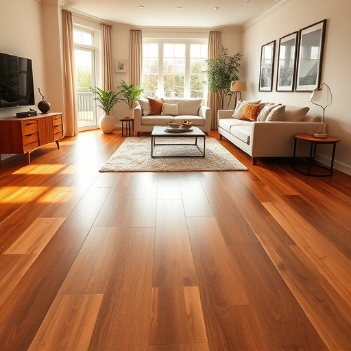 Hardwood flooring installation in a stylish living room with polished oak planks, contemporary furniture, and natural light.