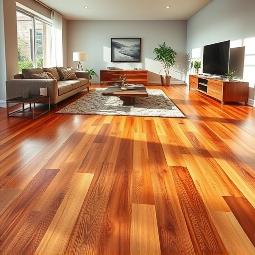 Hardwood floor replacement in a modern Algonquin living room with polished planks, elegant decor, and natural light.