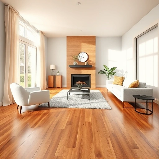 Custom hardwood flooring installation in a spacious living room with warm tones, modern decor, and natural light.