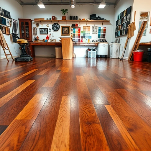 Completed hardwood floor sanding project in Algonquin IL showcasing glossy finish and organized workshop tools.