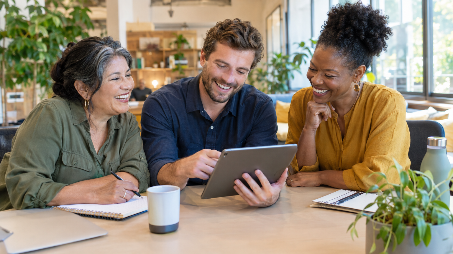 A diverse group of small business owners confidently collaborating around a table with a unified digital platform on screen