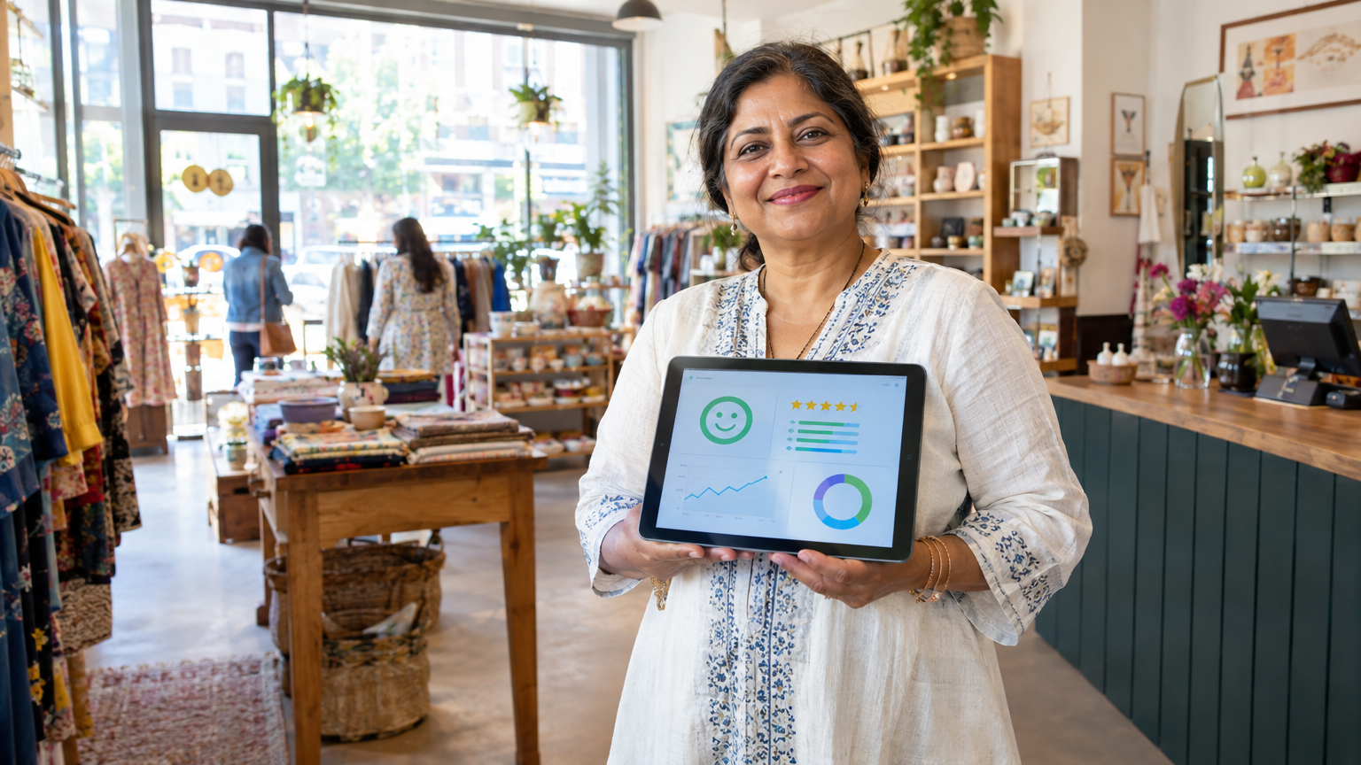 A confident small business owner reviewing her automated systems on a tablet while smiling in her warm, welcoming shop