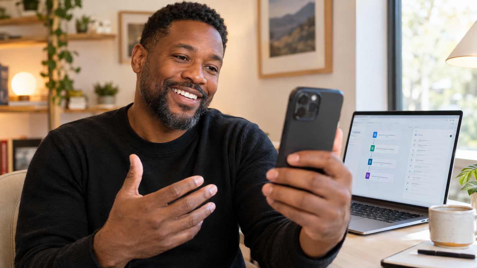 A small business owner recording a warm personalized video message while automation handles his routine follow-up emails in the background