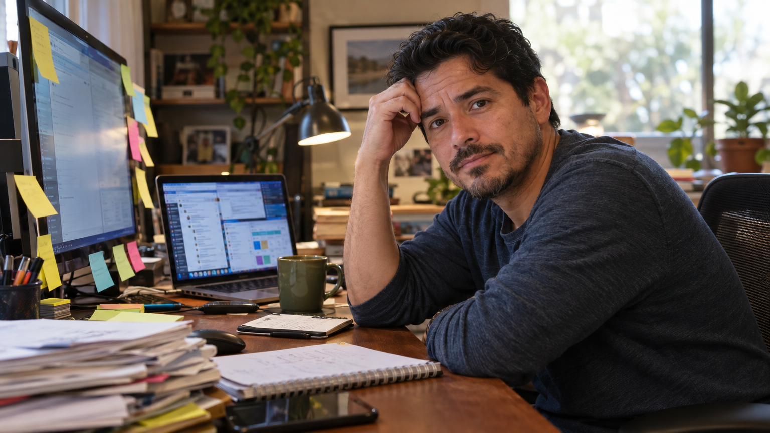 A small business owner sitting at a cluttered desk surrounded by sticky notes and multiple browser tabs open, representing the chaos that smart systems solve