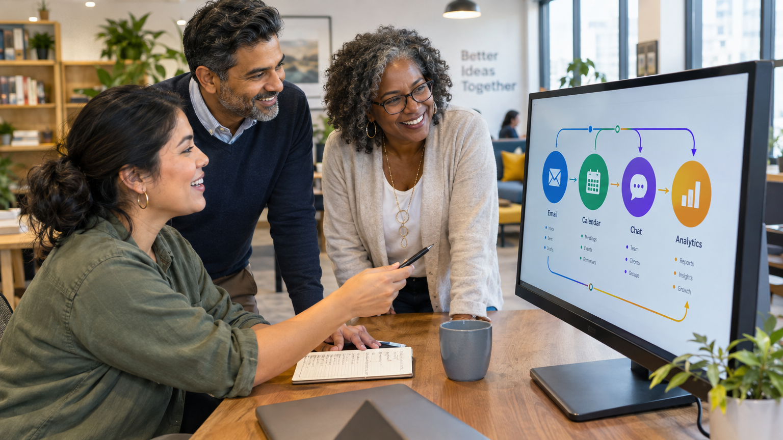 A diverse team of small business professionals collaborating around a screen showing connected business tools and automation workflows