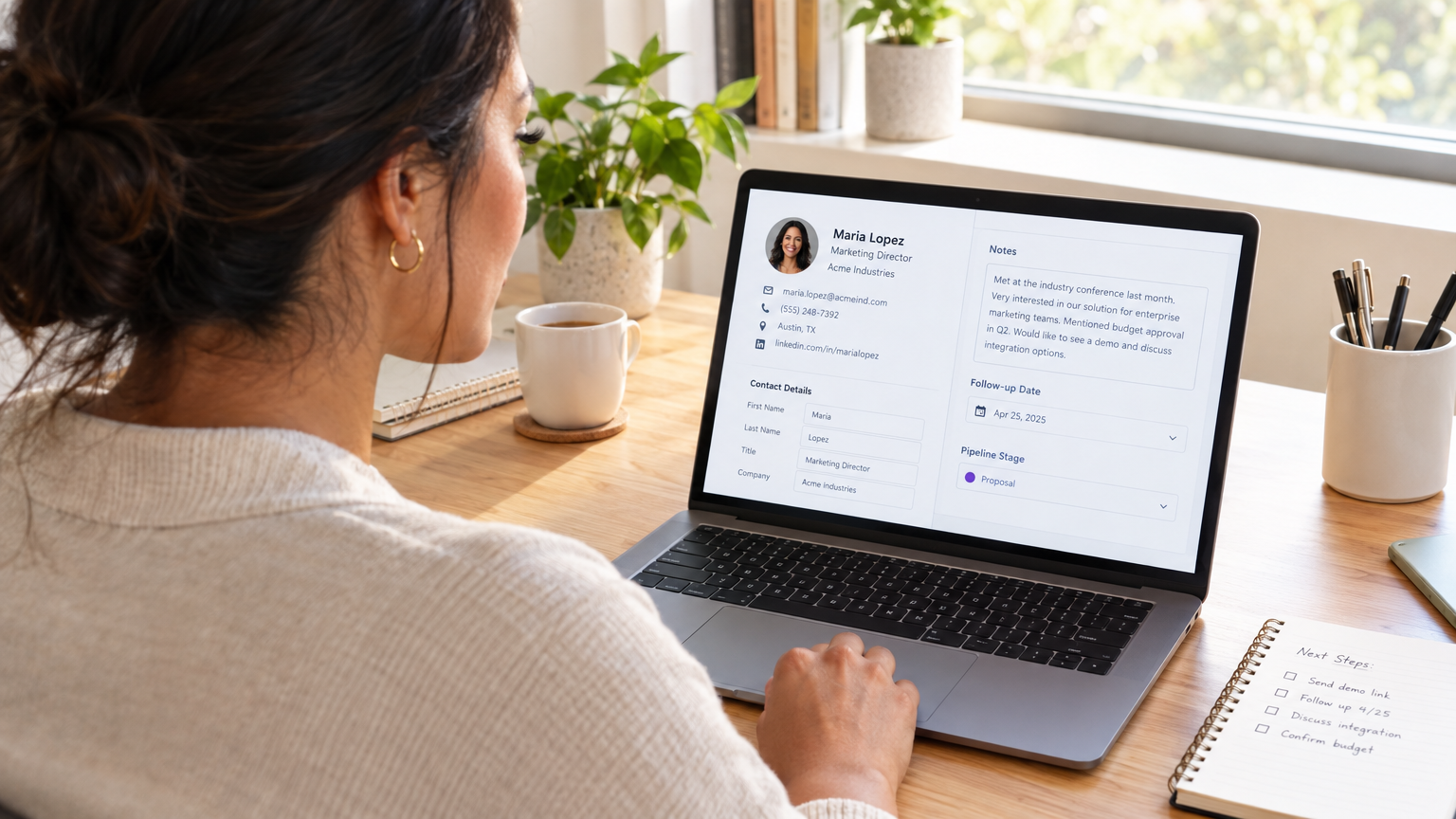 Over-the-shoulder view of a small business owner reviewing a CRM contact record with pipeline stages and follow-up notes on screen