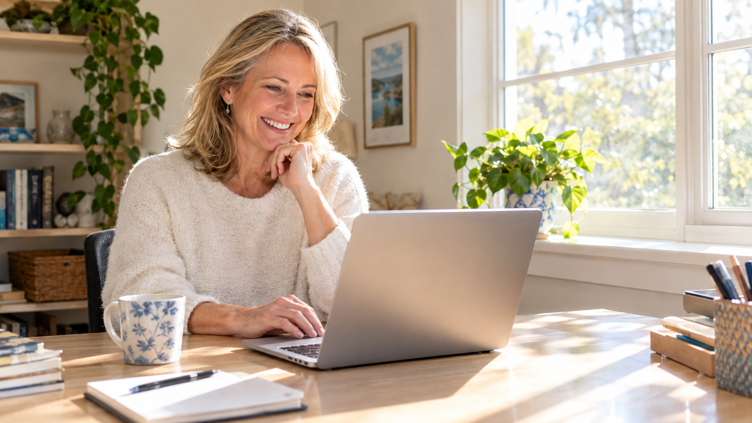 A small business owner smiling at her laptop showing an automated appointment confirmation workflow connected to her CRM