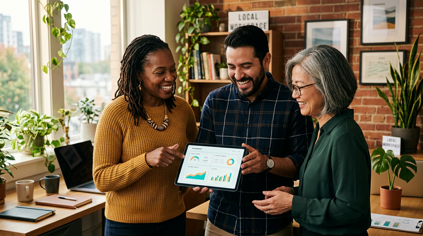 Three diverse small business owners gathered around a glowing automation dashboard tablet