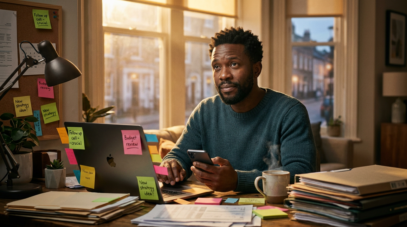 Black male small business owner at a turning-point moment with warm window light