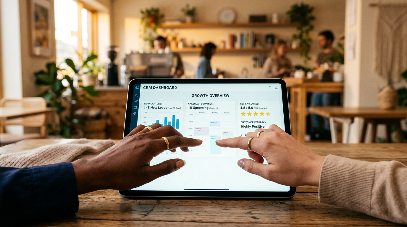 Diverse hands interacting with a glowing business automation dashboard on a tablet