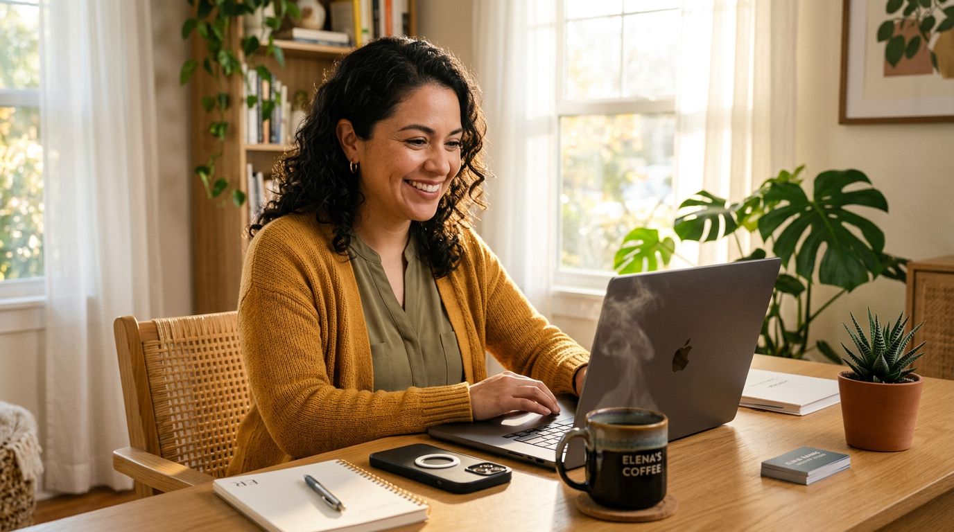 Confident Latina small business owner at a bright desk, at ease with her systems