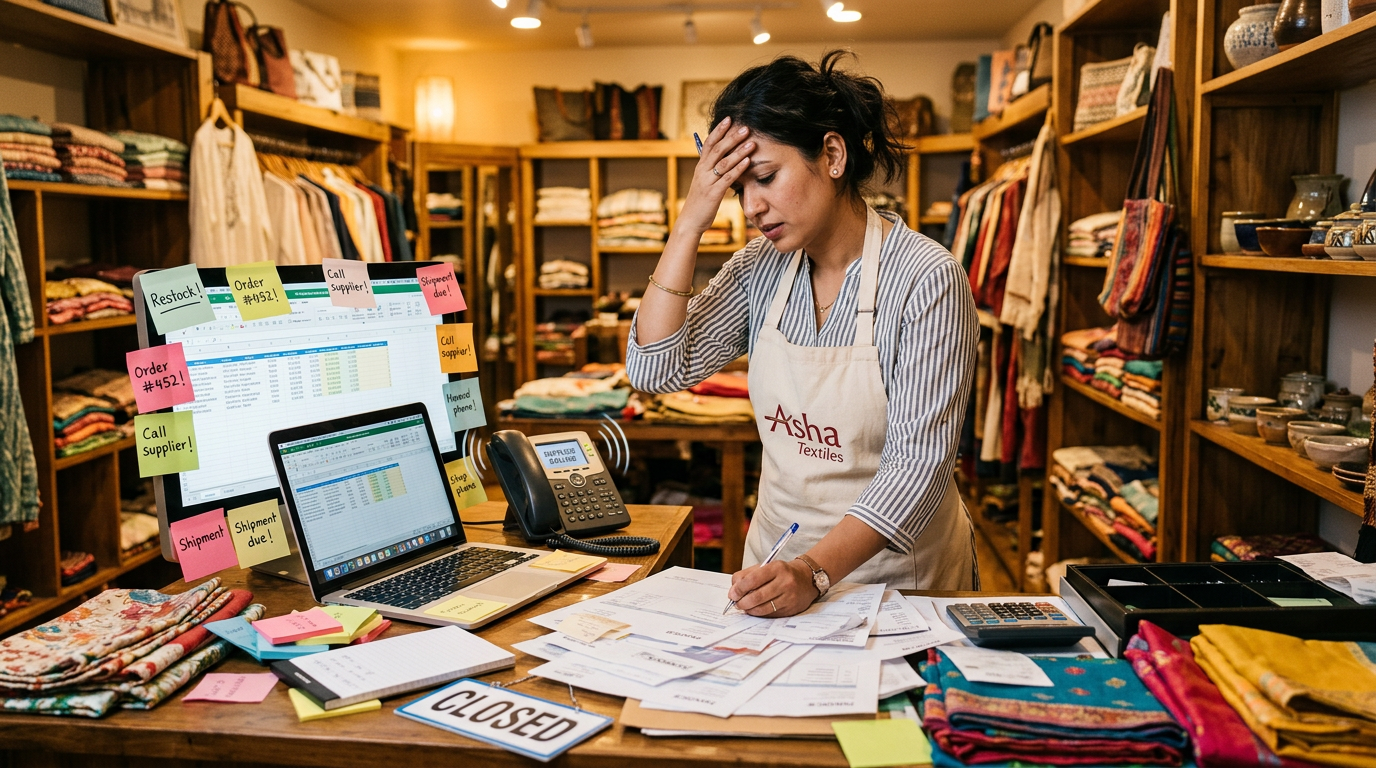 Overwhelmed South Asian woman small business owner pulled in multiple directions in her boutique