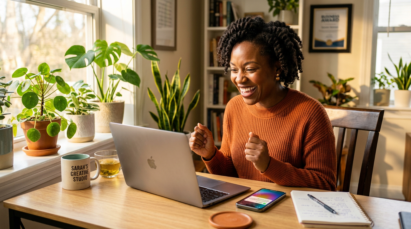 Black woman small business owner discovering a solution — energized and hopeful