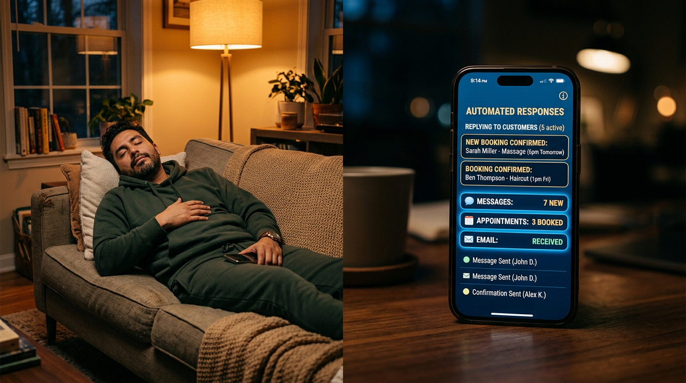 Business owner resting at home while AI automation captures leads and books appointments Business owner resting at home while AI automation captures leads and books appointments
