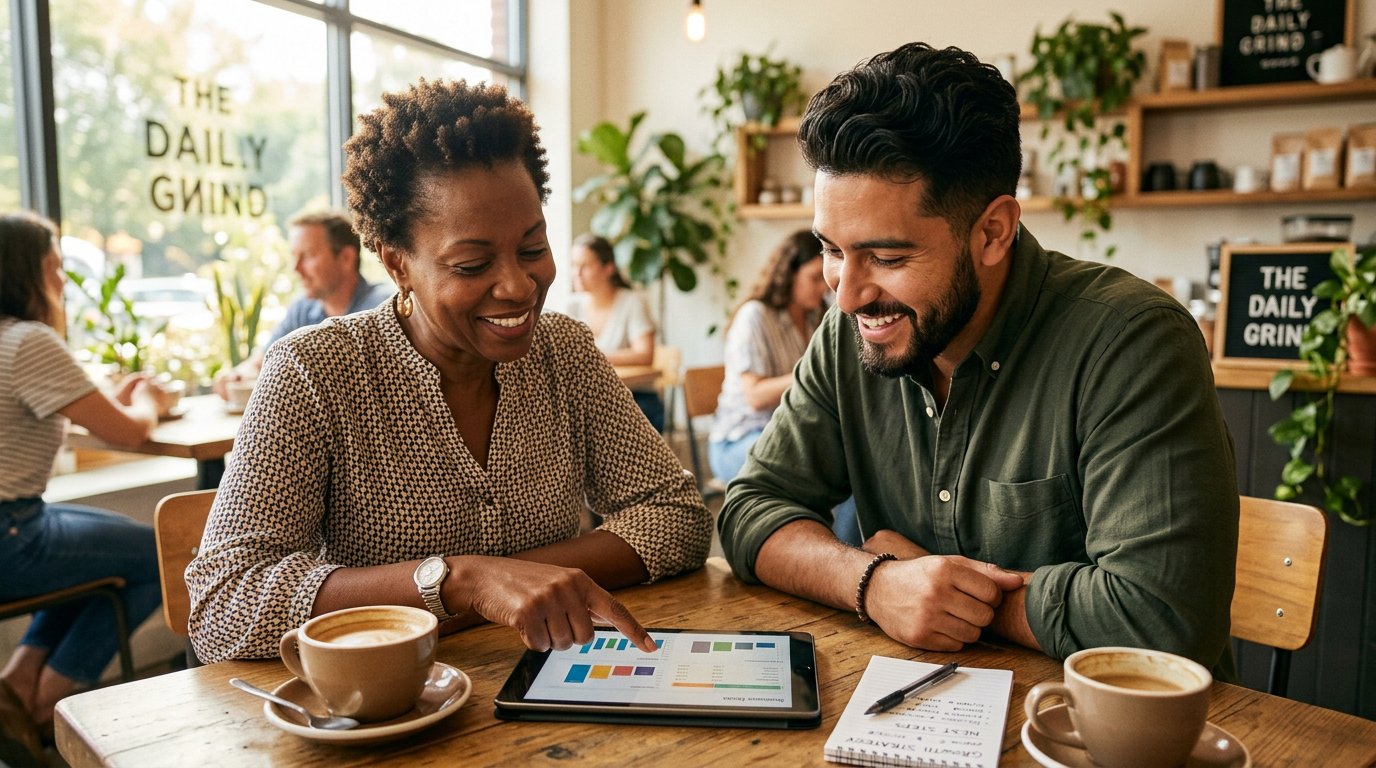 Warm mentorship moment between experienced Black woman business owner and young Latino man