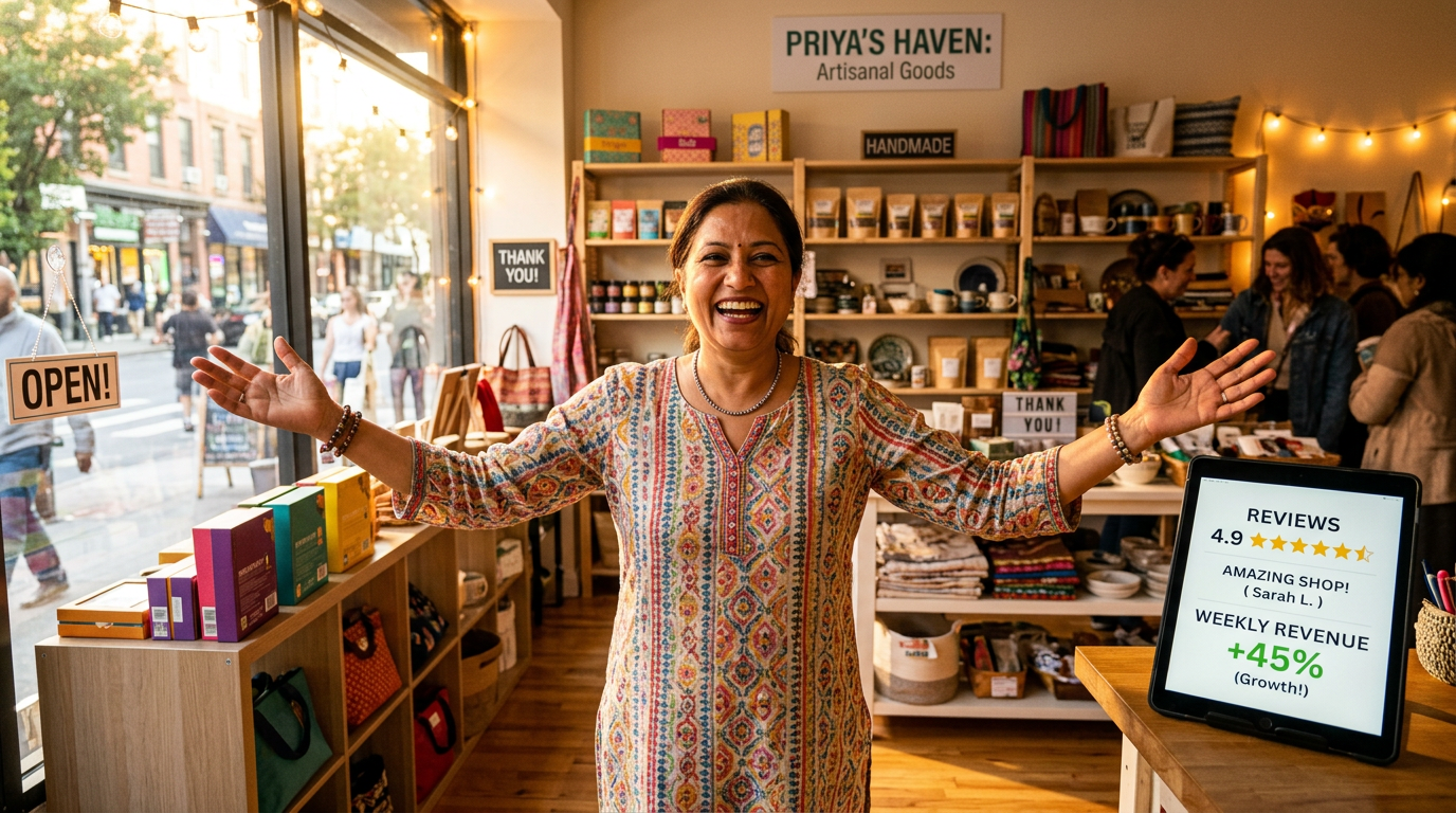 South Asian woman small business owner celebrating growth milestone in her thriving storefront