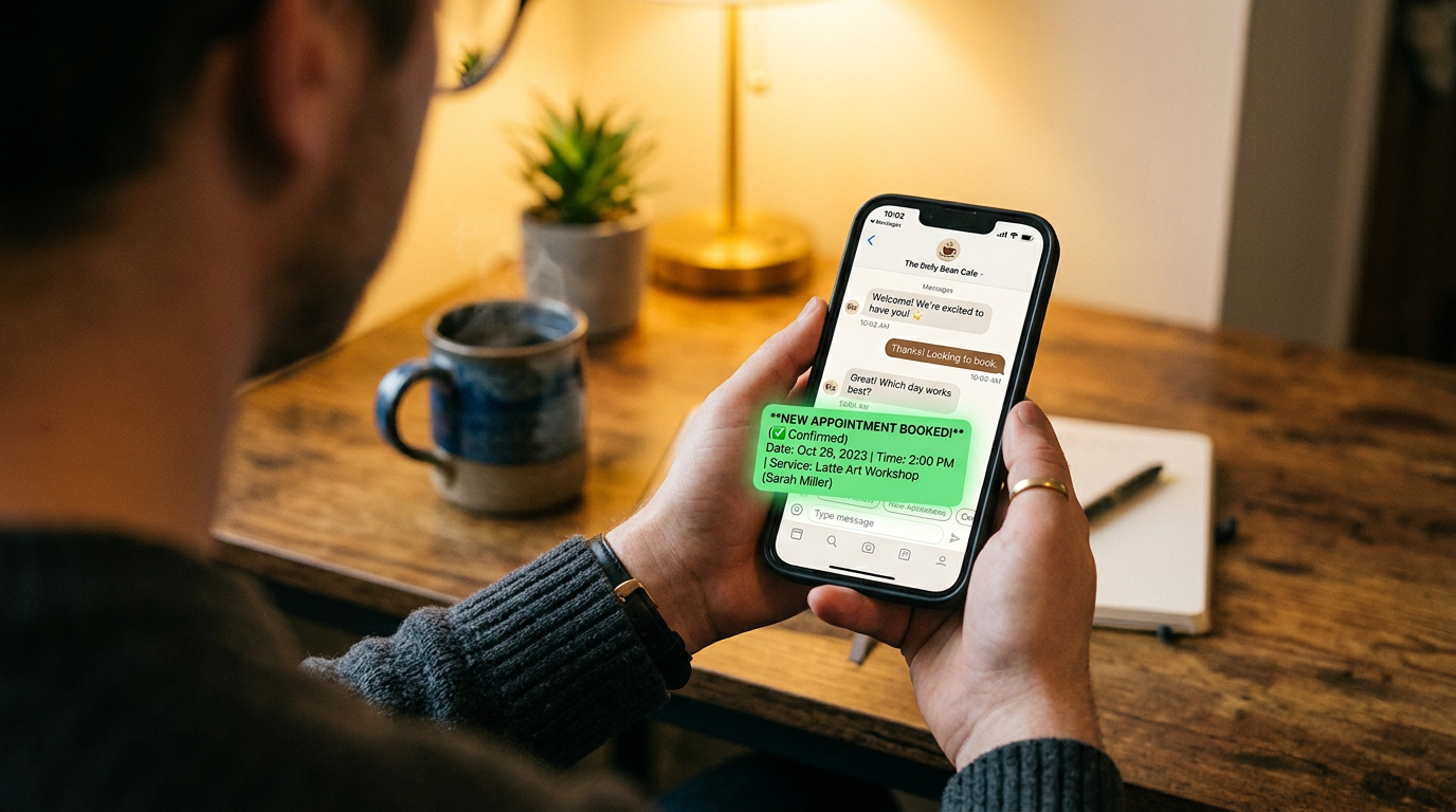 Over-the-shoulder view of automated text booking conversation on a smartphone screen Over-the-shoulder view of automated text booking conversation on a smartphone screen