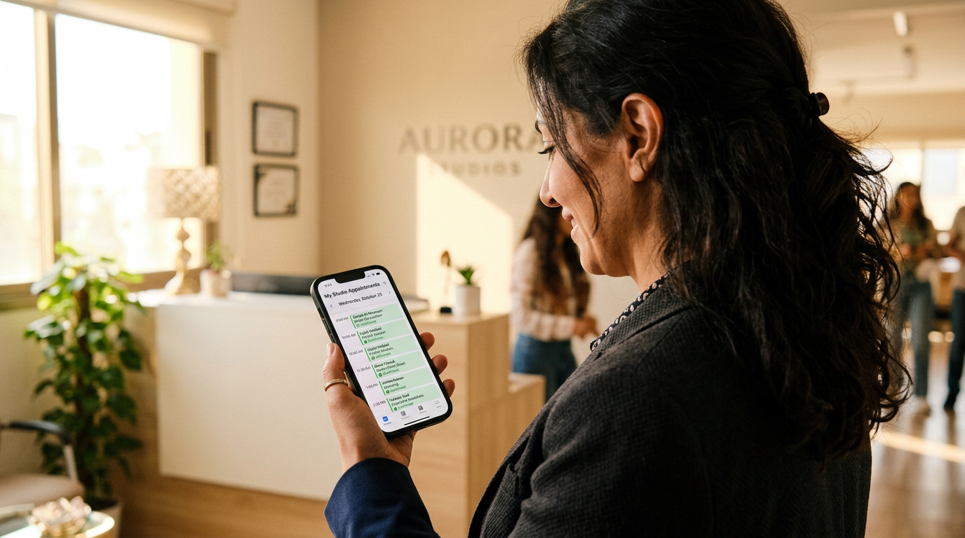 Over-the-shoulder view of a Middle Eastern business owner seeing a calendar full of booked appointments Over-the-shoulder view of a Middle Eastern business owner seeing a calendar full of booked appointments