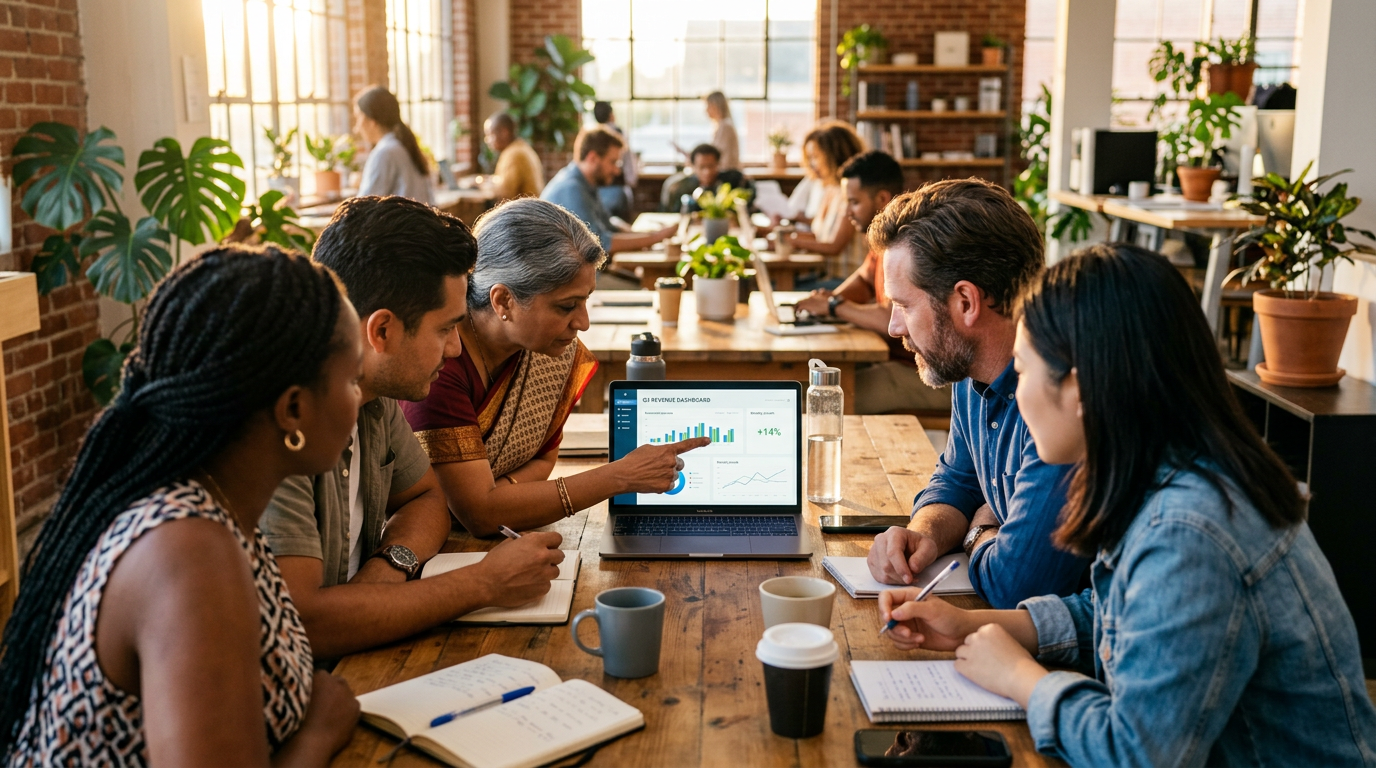 Over-the-shoulder view of five diverse small business owners collaborating around a shared laptop screen