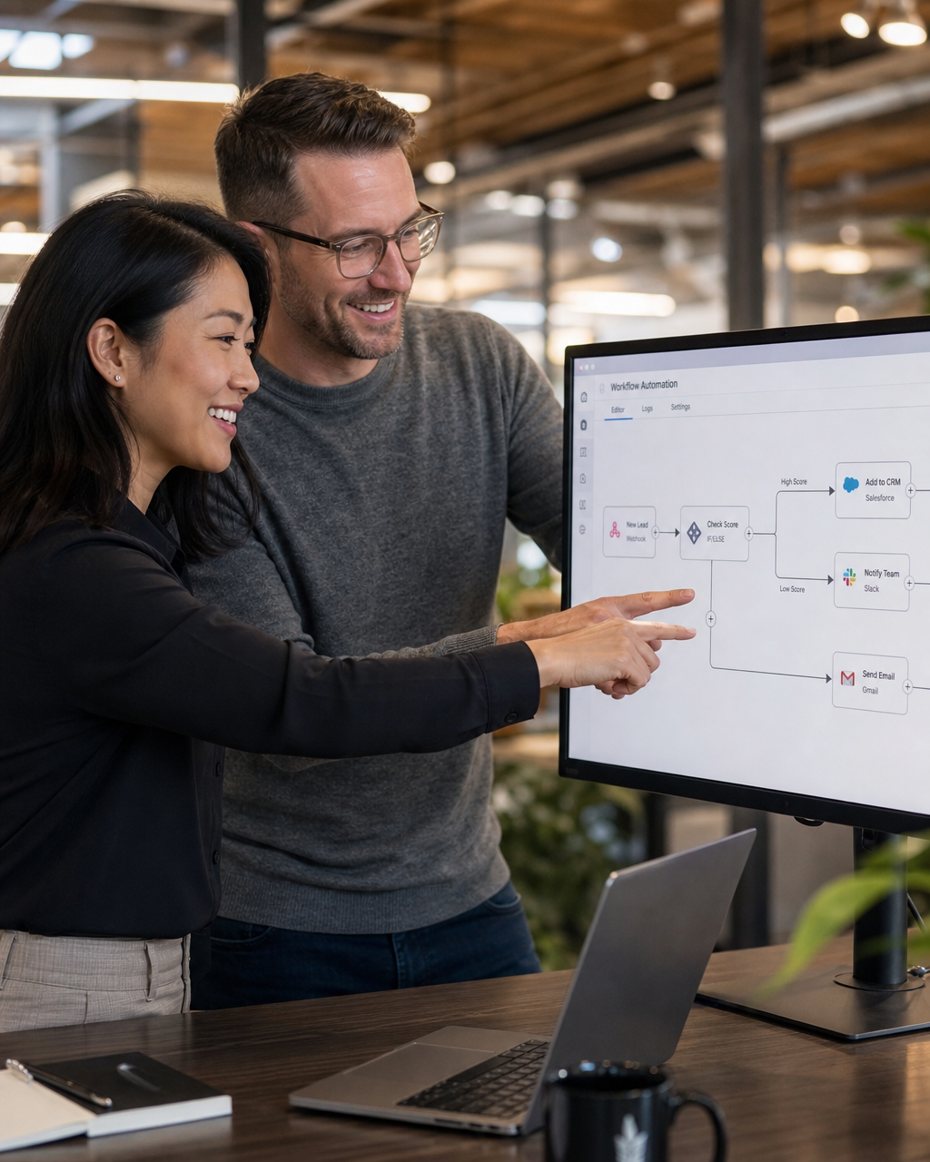 Asian woman and white man collaborating at a standing desk pointing at a workflow automation map on a monitor in a bright modern office Asian woman and white man collaborating at a standing desk pointing at a workflow automation map on a monitor in a bright modern office