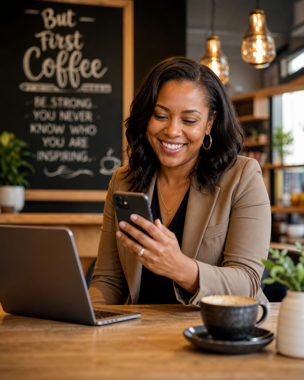 Black woman business owner smiling at her phone showing a positive reply from a lead in a warm bright cafe workspace Black woman business owner smiling at her phone showing a positive reply from a lead in a warm bright cafe workspace