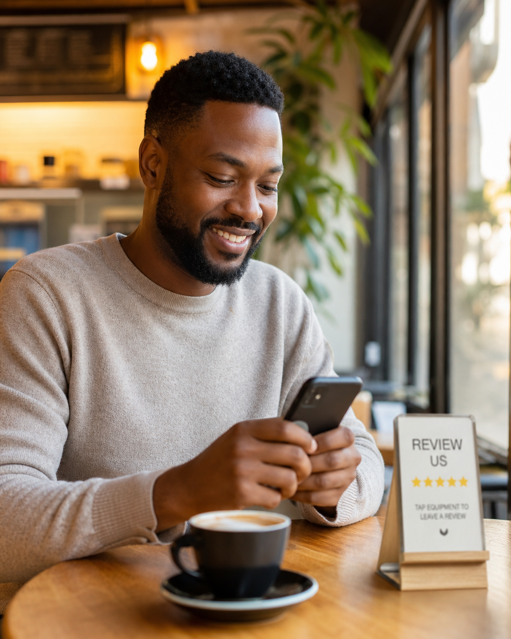 Satisfied Black male customer smiling while typing a five-star review on his smartphone at a bright sunny cafe table Satisfied Black male customer smiling while typing a five-star review on his smartphone at a bright sunny cafe table