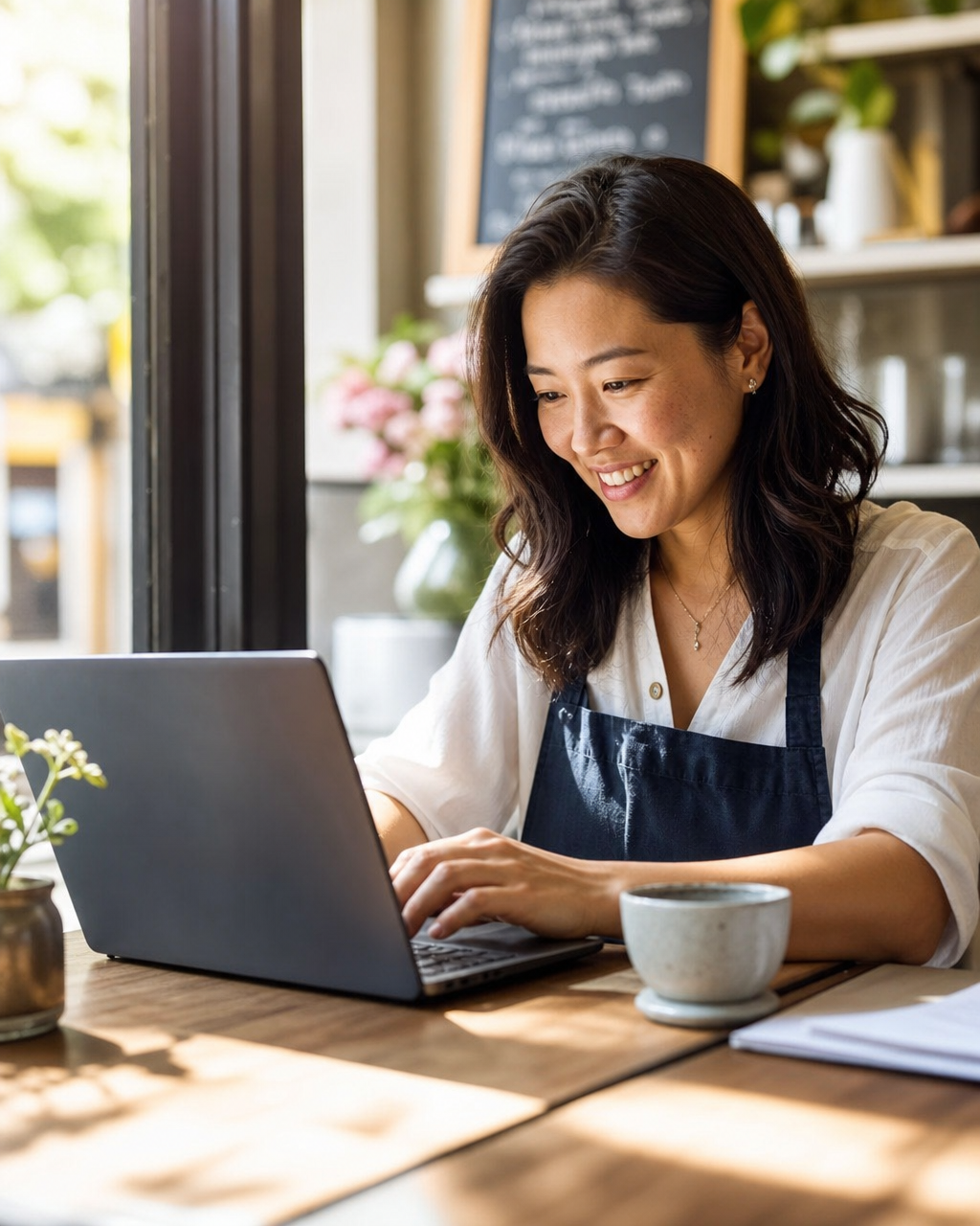 Asian woman small business owner smiling while composing an email newsletter on her laptop at a bright modern cafe with warm natural light