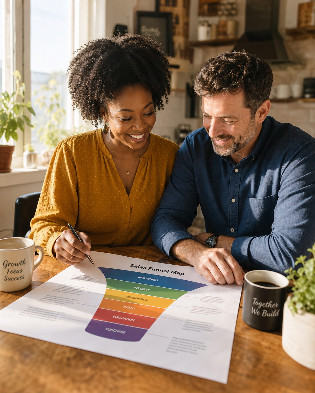 Black woman and white man small business partners reviewing a sales funnel map together at a bright kitchen table with coffee mugs