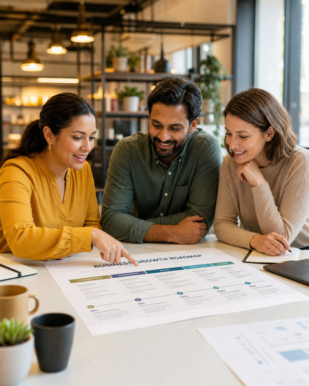 Diverse group of three small business owners reviewing a business growth roadmap together at a bright conference table with warm studio lighting Diverse group of three small business owners reviewing a business growth roadmap together at a bright conference table with warm studio lighting