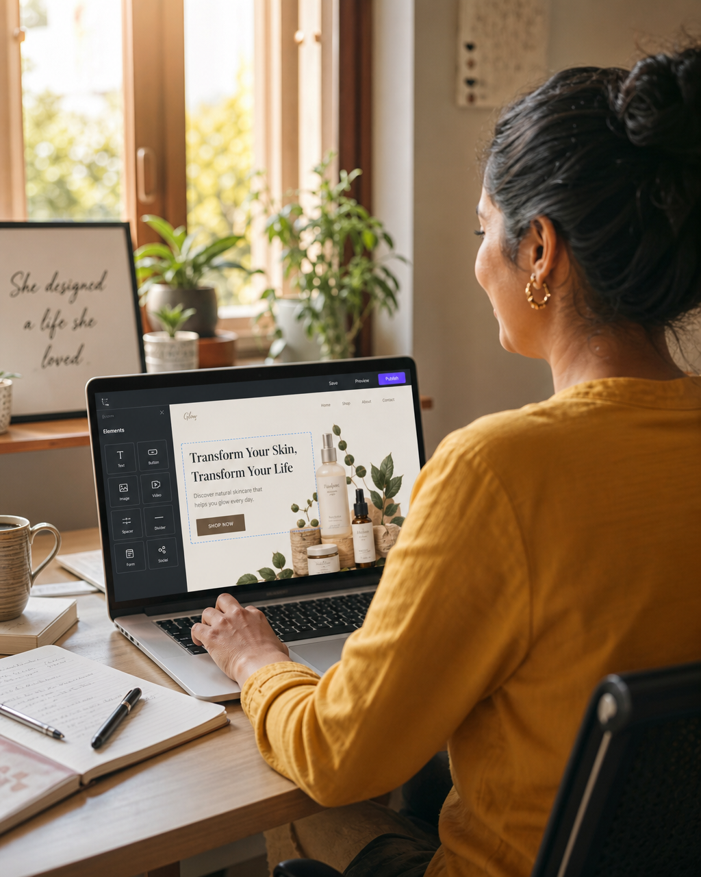 South Asian woman small business owner smiling while building a landing page on her laptop in a bright warm home office