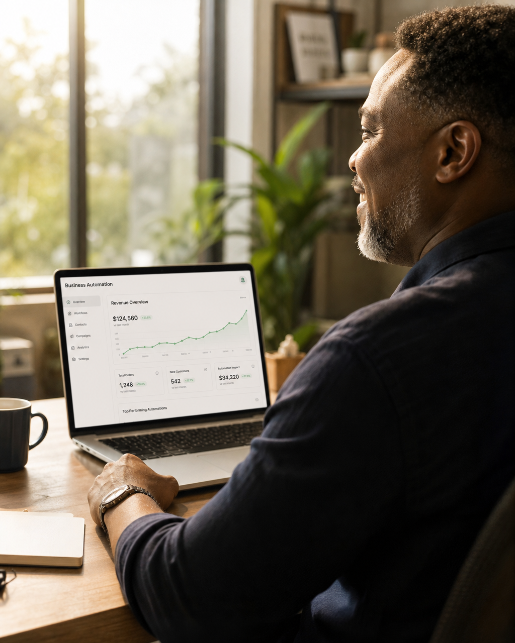 Black male small business owner smiling with ease at his desk with a laptop showing automation metrics and growing revenue charts in warm sunlit office Black male small business owner smiling with ease at his desk with a laptop showing automation metrics and growing revenue charts in warm sunlit office