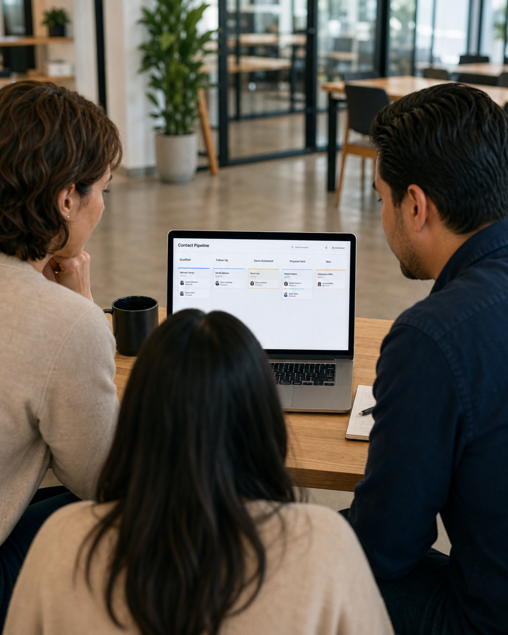 Over-the-shoulder view of a diverse small business team collaborating around a laptop reviewing a CRM contact pipeline in a bright co-working space