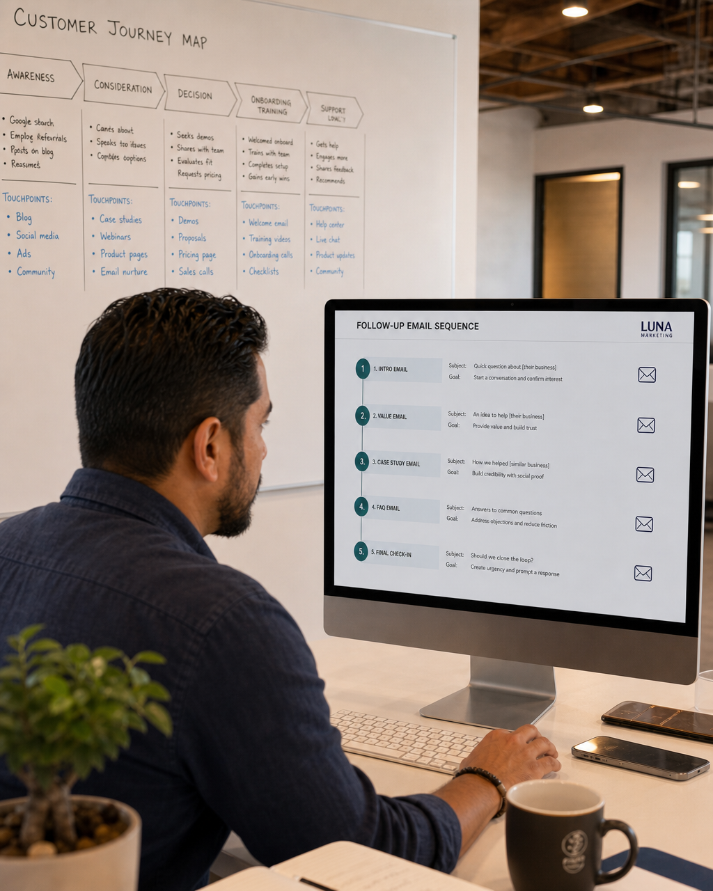 Over-the-shoulder view of a Latino male small business owner reviewing a multi-step follow-up email sequence on a large desktop monitor with a customer journey map on a whiteboard behind him Over-the-shoulder view of a Latino male small business owner reviewing a multi-step follow-up email sequence on a large desktop monitor with a customer journey map on a whiteboard behind him