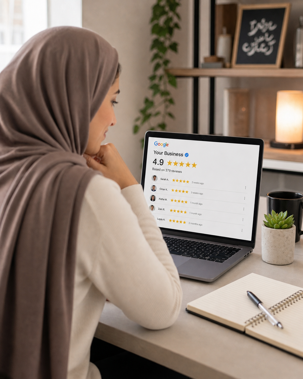 Over-the-shoulder view of a Middle Eastern woman small business owner looking at a laptop screen showing a growing collection of five-star Google reviews in a warm bright home office Over-the-shoulder view of a Middle Eastern woman small business owner looking at a laptop screen showing a growing collection of five-star Google reviews in a warm bright home office