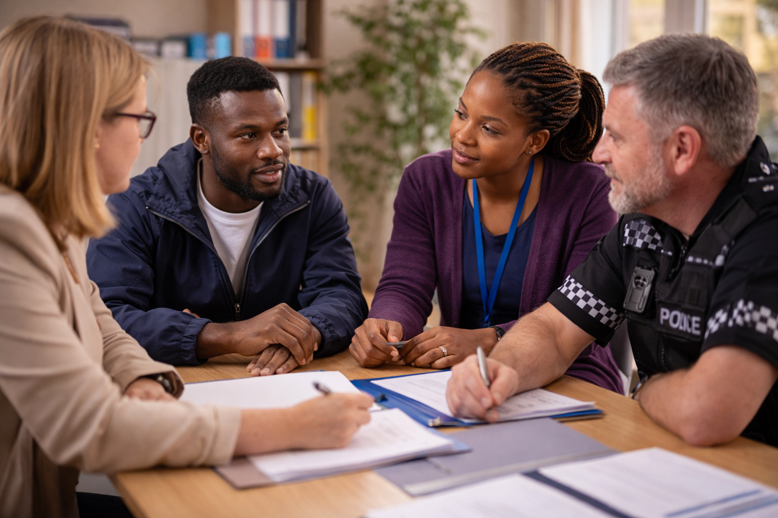 Professional meeting between care team and local authority worker